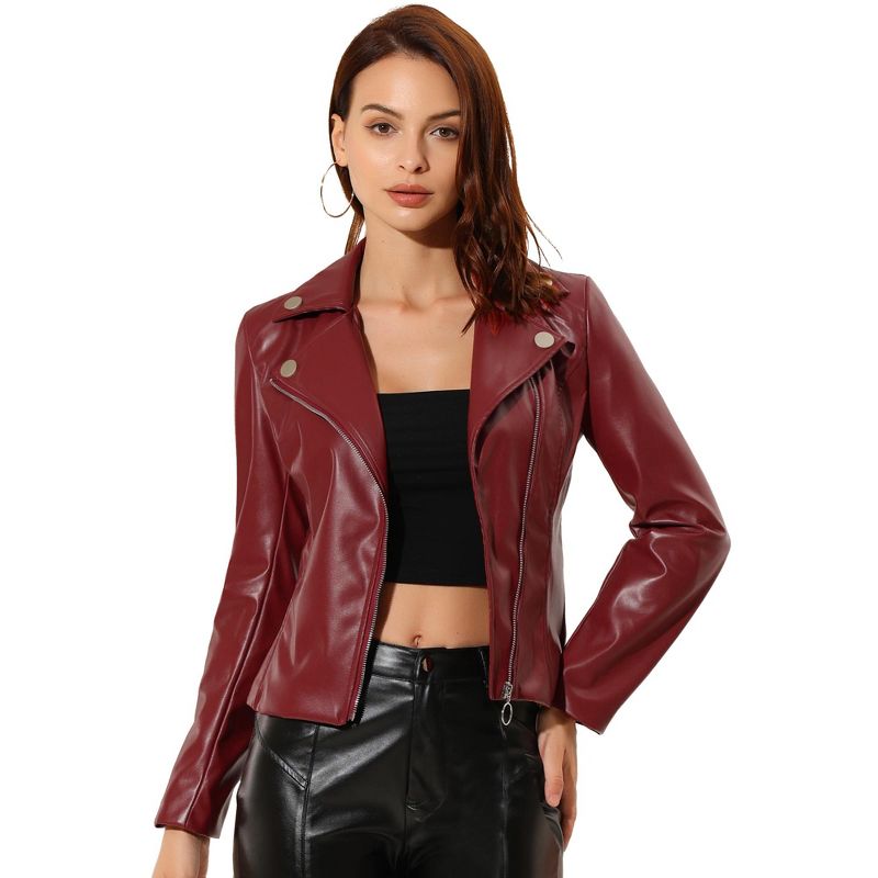 Allegra K Women's Zipper Front Long Sleeve Lapel Collar PU Leather Jacket, 1 of 6