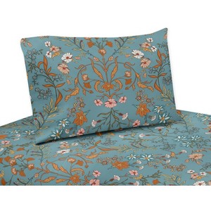 Sweet Jojo Designs Girl Queen Sheet Set Boho Floral Wildflower Blue Orange and Pink 4pc - 1 of 4