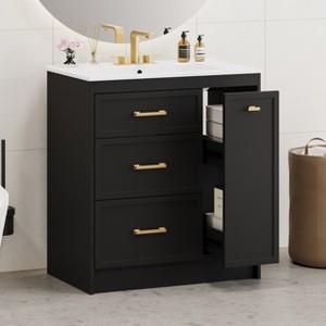30" Bathroom Vanity Set, Floor Standing, with Three Drawers, One of Which is a Double-Layer Drawer, with Long Gold Handles - Leovsnove - 1 of 4