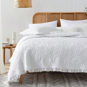 White Ruffled Quilt, Stone - Washed Microfiber Bedding Set, Reversible 3 - Piece with Pillow Shams for All Seasons - 1 of 4