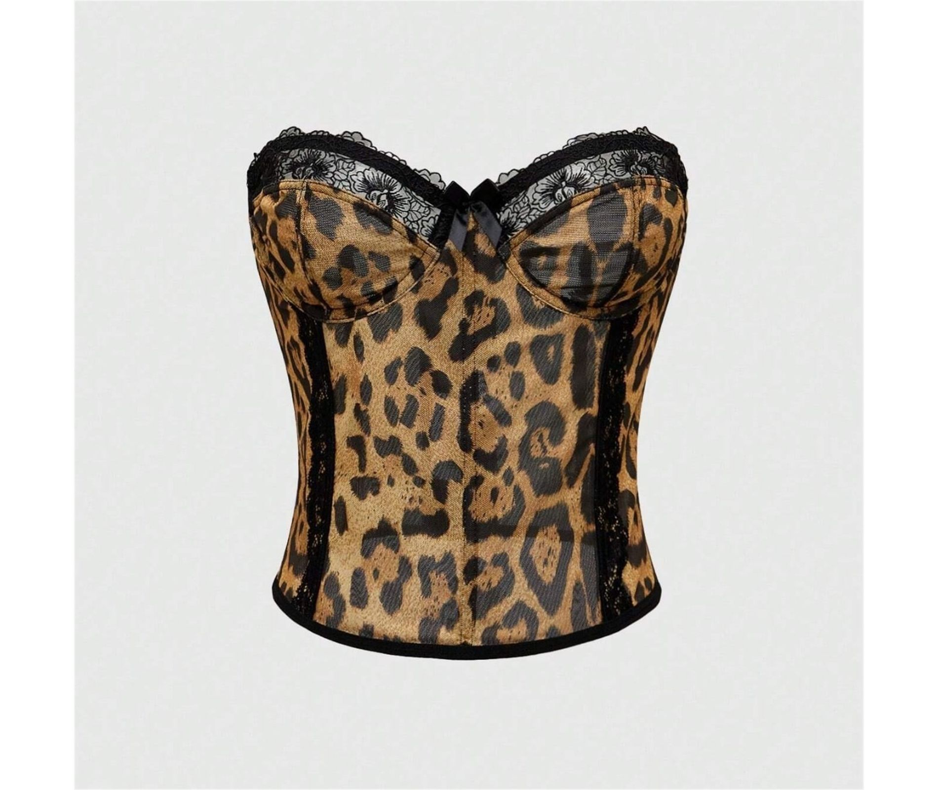 Clotth Womens Leopard Print Bustier - Lace and Mesh Corset with Leopard Print, Overbust Lingerie with Strapless and Black Bow Detail
