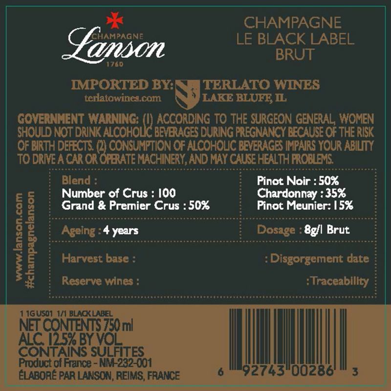 Lanson Champagne Black Label Brut  - 750ml Bottle, 3 of 4