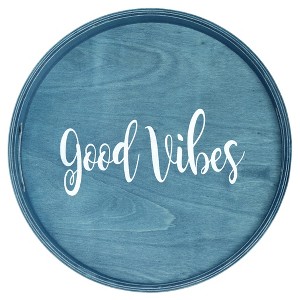 HomeRoots 14" Teal Blue And White Good Vibes Round Serving Tray With Handles - 1 of 4