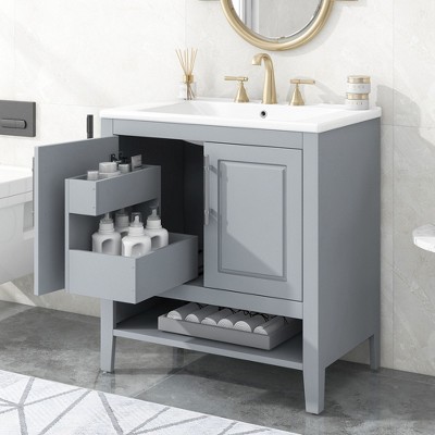 NicBex 30" Bathroom Storage Cabinet with Sink, Morden Bathroom Vanity, 2 Spacious Cabinet Doors, 2 Two-Tier Drawers, 1 Open Shelf for Bathroom