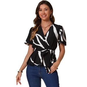 INSPIRE CHIC Women's Printed Peplum Flutter Sleeves Elastic Waist Belt Wrap V Neck Blouse - 1 of 4