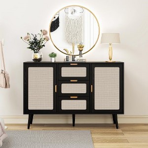 Storage Cabinet With Rattan Doors, Rattan Sideboard Cabinet With 2 Doors 3 Drawers, Freestanding Storage Cabinet For Living Room & Hallway - 1 of 4