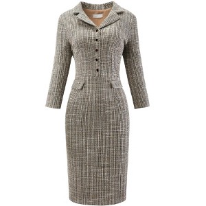 Hobemty Women's Tweed 3/4 Sleeve Lapel Collar Button Down Sheath Dress - 1 of 4