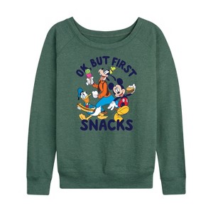 Women's - Disney - Ok, But First Snacks Lightweight French Terry Wide Neck Long Sleeve Shirt - 1 of 4