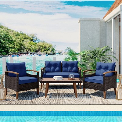 Outdoor 4-Pieces Furniture Set, Patio Sofa Set with Coffee Table, PE Rattan Sofa with Acacia Wood Frame and Removable Cushions–Cuddlewood