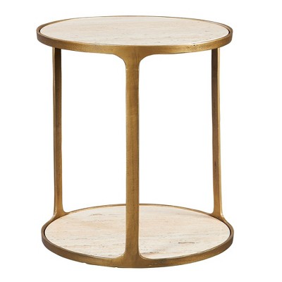 Beige Travertine and Brass Round Side Table