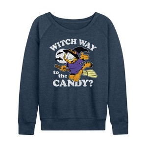 Women's - Garfield - Witch Way To The Candy Lightweight French Terry Wide Neck Long Sleeve Shirt - 1 of 4
