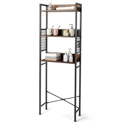 Bathroom Organizer Shelves Black Adjustable 3 Tiers Floating Shelf Over The Toilet Storage with Hanging Rod,Bamboo 17 Stories