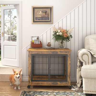 LAOTIES Wooden Dog Crate Furniture,Indoor Pet Kennel Side Table with Wheels,Double Doors And Lift-Top (31.5" W x 22.05" D x 25" H)
