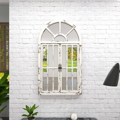 Vintage Farmhouse 26x46 Distressed White Wooden Arched Wall Mirror