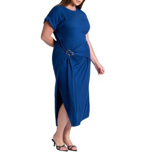 ELOQUII Women's Plus Size Rolled Sleeve Midi Dress With Buckle - 26/28, Navy - 1 of 3