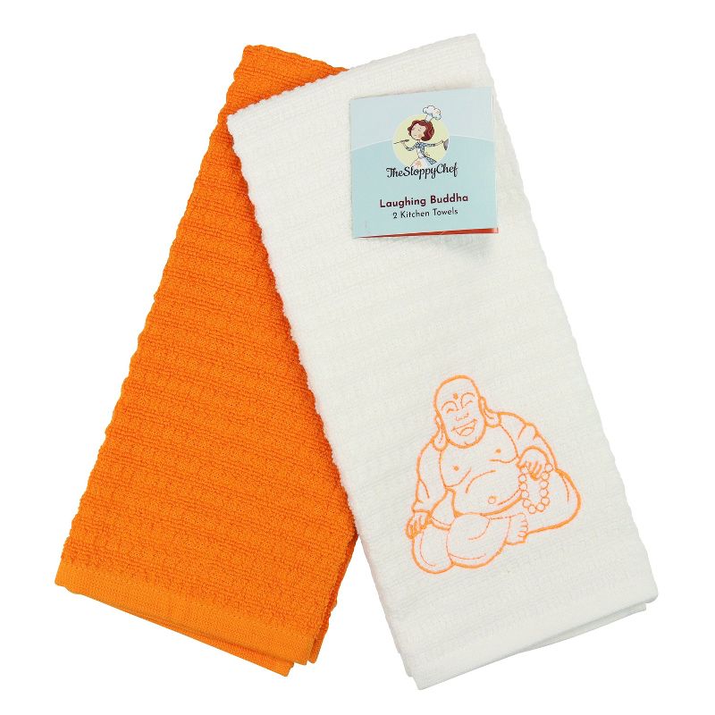 Sloppy Chef Lucky Embroidered Kitchen Towel (2-Piece Set), 16x26, 100% Cotton, Laughing Buddha Design, 2 of 7