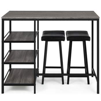 Tangkula 3PC Dining Table Set Pub Bar Table Set 3 Tier Storage Shelves with 2 Pub Stools Upholstered
