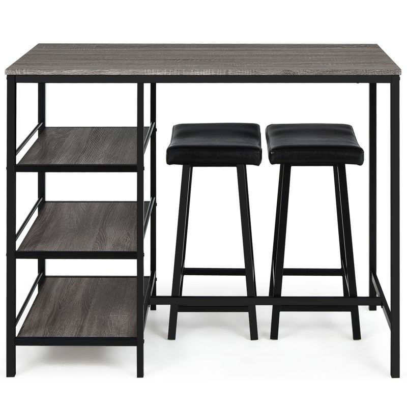 Tangkula 3PC Dining Table Set Pub Bar Table Set 3 Tier Storage Shelves with 2 Pub Stools Upholstered, 1 of 10