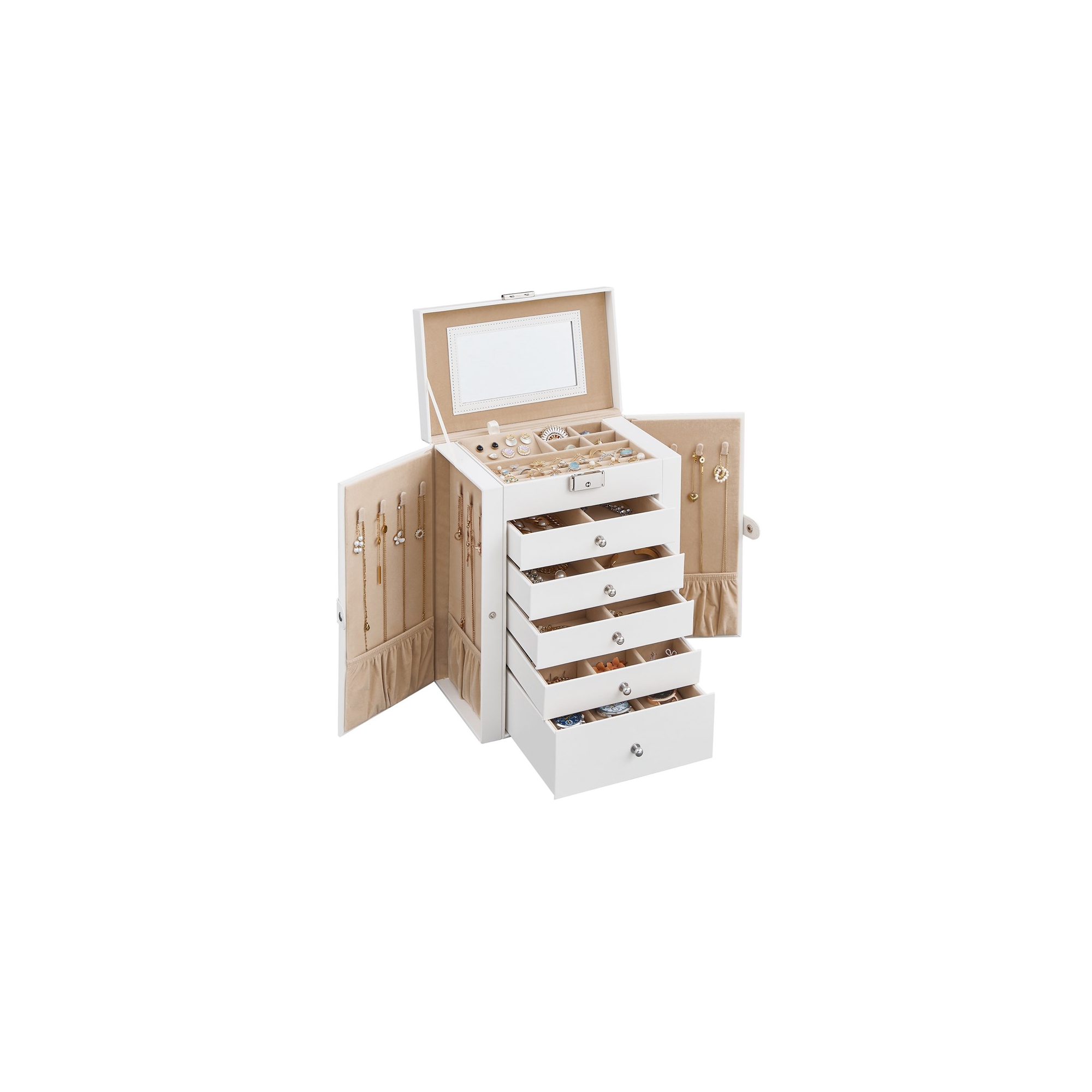 SONGMICS Large Accessory Organizer 6-Tier White Mirror Jewelry Box