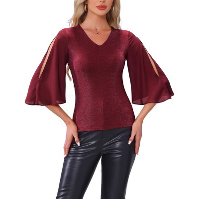 INSPIRE CHIC V Neck Ruffle 3/4 Sleeve Dressy Top Flowy Party Club Tops
