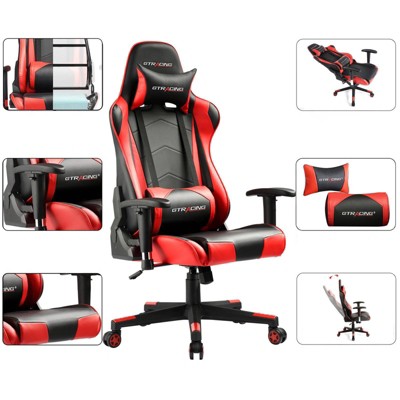 Red and Black PU Leather Gaming Office Chair with Adjustable Headrest and Lumbar Pillow