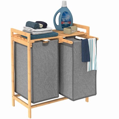 Natural Bamboo Dual Compartment Laundry Sorter with Gray Bags