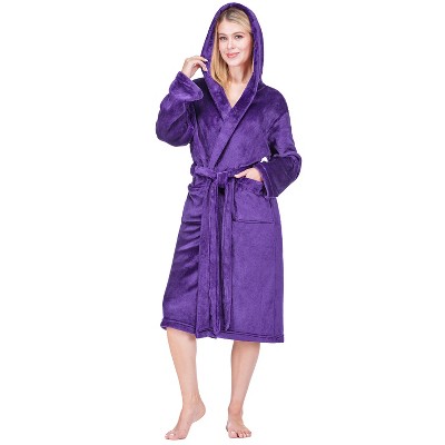 PAVILIA Women Robe with Hood, Fleece Plush Soft Long Hooded Robe, Fluffy Fuzzy Cozy Warm Bathrobe Shower Spa House