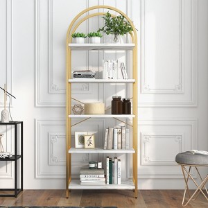 70.8" 5 Tiers Bookshelf, Arched Display Racks Tall Standing Bookshelves Metal Frame Modern Storage Rack Shelf Large Wood Book Shelf - 1 of 4