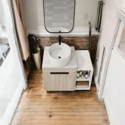 Alilang 35.60 Inch Modern Vanity Cabinet with Vessel Sink and Marble Top-White Oak