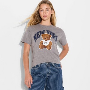 Women's New York Bear Graphic T-Shirt - Heather Gray - 1 of 3