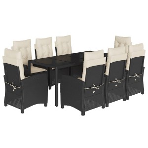 vidaXL 9 Piece Patio Dining Set with Adjustable Reclining Chairs, Cushions & Tempered Glass Tabletop - Black PE Rattan, Cream White Cushions - 1 of 4