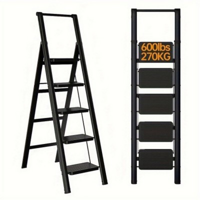 Syemin Ladders 5-Step Ladder Folding Stool with Anti Slip Pedals, Lightweight Folding Ladder, Multi-purpose Steel Ladder, Black, 33.8"*33.8"*63.38"