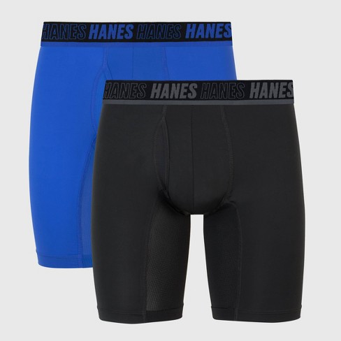 Hanes Moves Premium Men s Anti chafe X temp Long Leg Boxer Briefs 2pk Black teal Blue Target