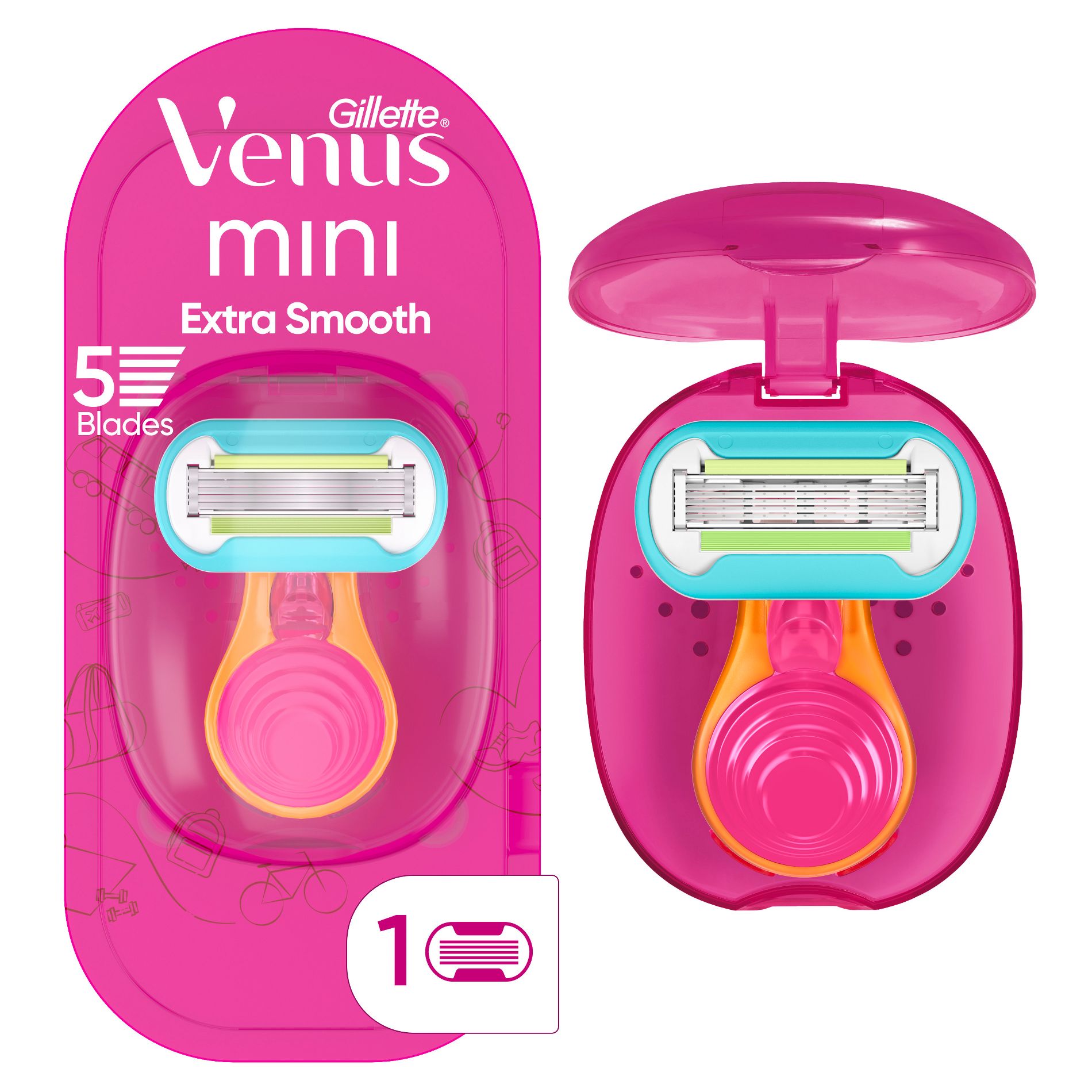 Venus Mini Extra Smooth On The Go Women's Razor + 1 Razor Blade Refill + 1 Travel Case - Trial Size