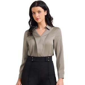 INSPIRE CHIC Women's Satin Collar V Neck Long Sleeve Office Dressy Blouse - 1 of 4