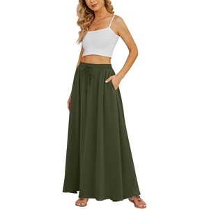 Women's Flowy High-Waist Maxi Skirt - Summer Pleated Long Skirt with Pockets Army Green - 1 of 4