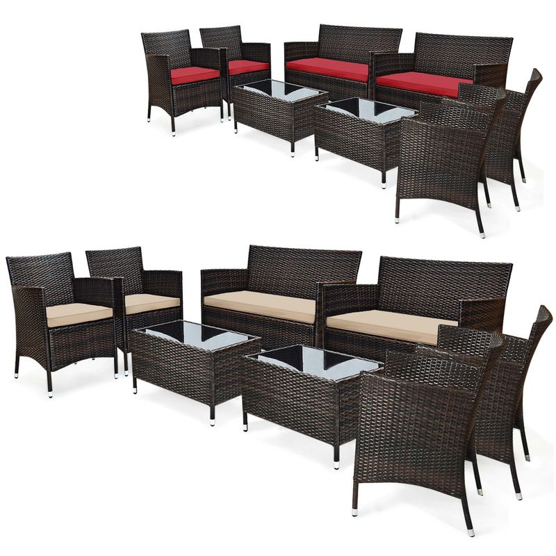 Costway 8PCS Patio Wicker Furniture Set Sofa Chair with Brown & Red Cushion Covers Garden, 1 of 10