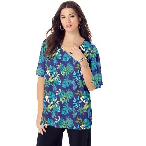 Roaman's Women's Plus Size Flutter Sleeve Ultrasmooth Fabric Tee - 1 of 3
