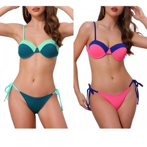 INSPIRE CHIC Women's Contrast Color Ribbed Triangle Bottom Swimwear Bathing Bikini Suits 2 Sets - 1 of 4
