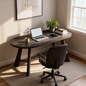 SAINTCY 70.86" Oval Computer Desk, Industrial Brown Large Wood Metal Office Desk, Modern Study Gaming Writing Table for Study, Home Office - 1 of 4