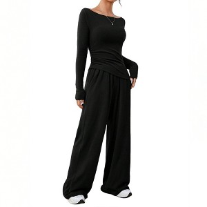 Off Shoulder Lounge Set - 2 Piece Long Sleeve Top & Wide Leg Pants