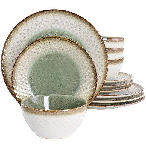 Gibson Elite Habit Hill 12 Piece Stonewarre Dinnerware Set In Green ...