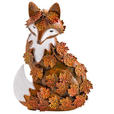 Wind & Weather Handcrafted Metal Fox Sculpture Draped in Fall Leaves