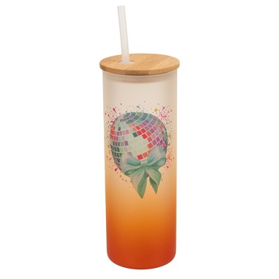 Elanze Designs 25 Ounce Frosted Glass Gradient Travel Tumbler With Straw and Wooden Lid, Disco Ball Orange