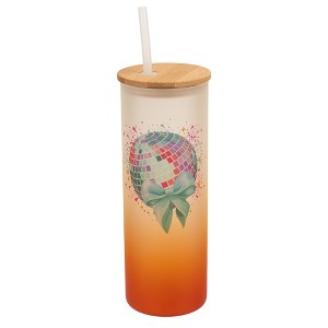 Elanze Designs 25 Ounce Frosted Glass Gradient Travel Tumbler With Straw and Wooden Lid, Disco Ball Orange - 1 of 1