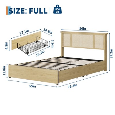 Garvee Bed Frame with Natural Rattan Headboard, Wood Slat Support, Metal Base
