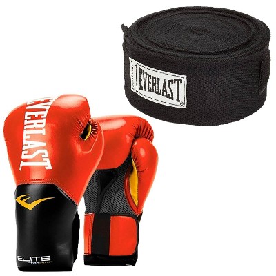 Everlast Red Elite Pro Style Boxing Gloves 14 ounce & Black 120 Inch Hand Wraps