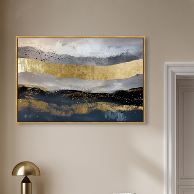 Large Gold and Blue Abstract Canvas Art with Wooden Frame