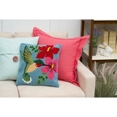 16" Blue and Red Floral Hummingbird Hooked Pillow