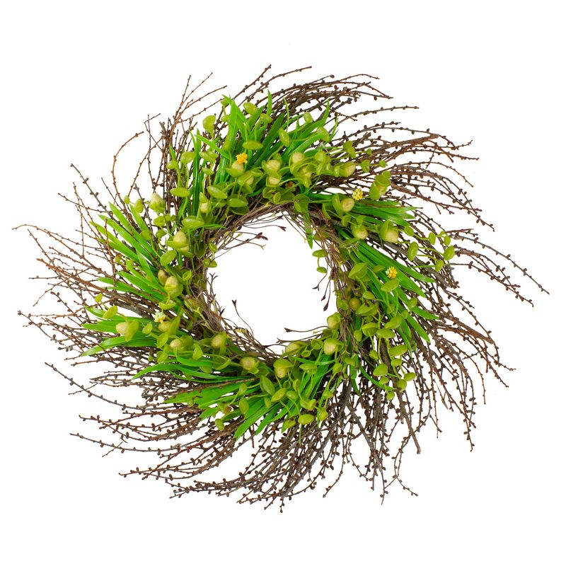 Northlight 20-Inch Green and Yellow Flower Buds, Leaves and Twigs Artificial Floral Wreath, 1 of 5